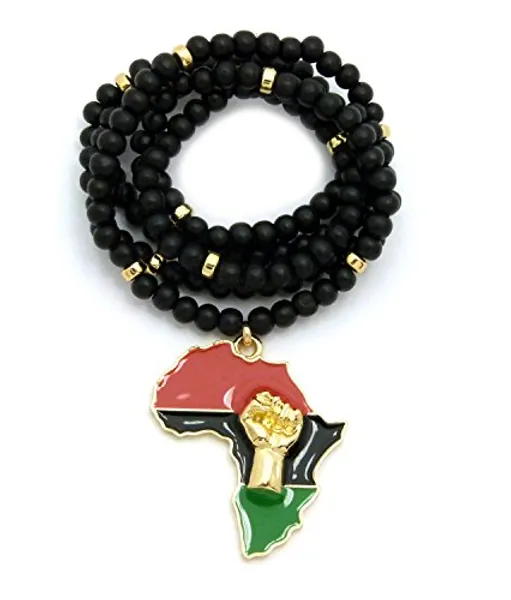 Fist Power in Pan African Colored Africa Map Pendant 6mm 30 inches Wooden Bead Necklace
