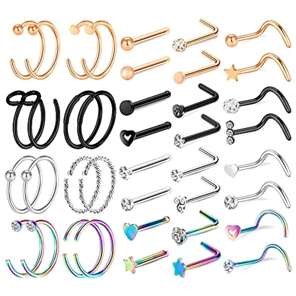 ONESING 35-70 PCS 18G 20G Nose Rings for Women Nose Piercings Jewelry Gold Nose Rings Hoops L Shape Nose Rings Studs Screw 316L Surgical Stainless Steel Nose Rings for Men Women