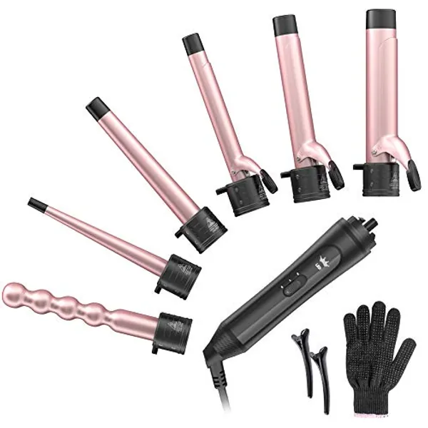 6-IN-1 Curling Iron, Professional Instant Heat Up Hair Curling Wand Set with 6 Interchangeable Ceramic Barrels (0.35'' to 1.25'') and 2 Temperature Adjustments, Heat Protective Glove & 2 Clips