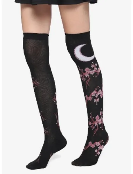 Moon Cherry Blossom Black Knee-High Socks