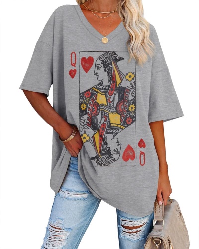 Womens Oversized Queen Of Hearts Graphic T Shirts Casual V Neck Half Sleeve Summer Loose Tees Tunic Tops - Light Grey Medium