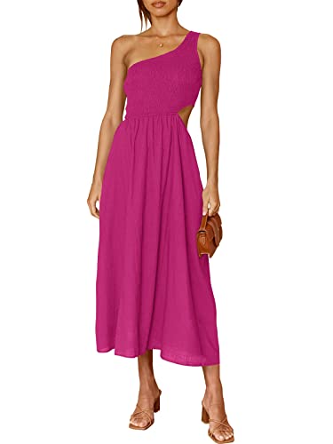 ANRABESS Women's Summer Sleeveless Smocked One Shoulder Cutout Sundress Flowy A-Line Beach Long Maxi Dress - Rose - Medium