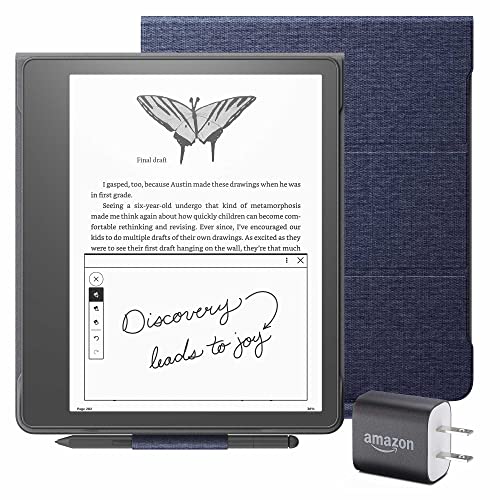 Kindle Scribe Essentials Bundle including Kindle Scribe (64 GB), Premium Pen, Fabric Cover - Denim, and Power Adapter - Premium Pen - 64 GB - Denim