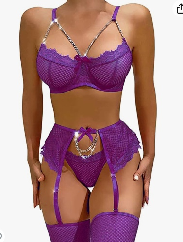 Avidlove Garter Set Lingerie for Women Fishnet Sexy Underwire Lace 4 Piece Sets Chain Bra S-XXL 