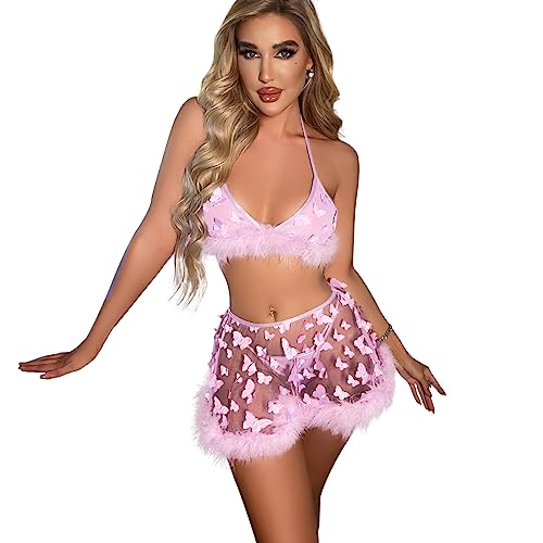 ABAFIP Women's Shiny Rave Outfits Holographic Halter Bra Top Mini Skirt 2Pcs Glitter Sequin Music Festival Party Clubwear - Medium - Bright Pink