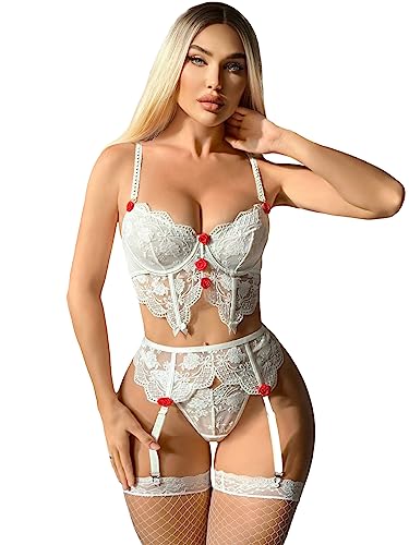 Milumia Women's Floral Lace Lingerie Sets with Garter Belt Stocking Underwire Bra and Panty - Medium - White