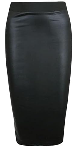 Women Ladies Plus Size Wet Look Faux Leather Pencil Stretch Midi Skirt 8 to 26 - 8 - Wet Look Black