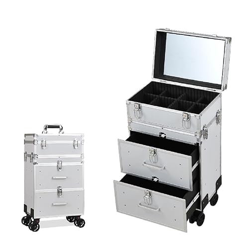 JUNYFFF 4 in 1 Makeup Trolley Aluminium Makeup Vanity Case with Detachable Makeup Box And 2 Sliding Drawers,Professional Beauty Hairdressing Makeup Trolley on Wheels with Key Lock High-Capacity,Silver - Silver