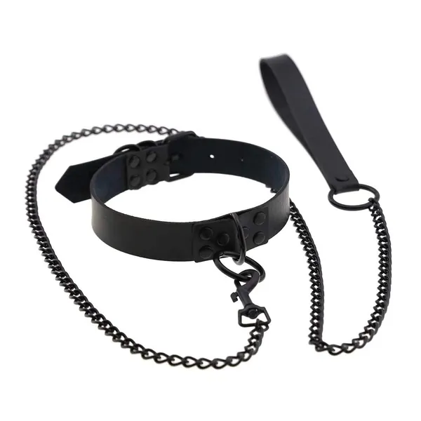 MtShell Pu Leather Punk Necklace, Sexy Goth Choker, Black Collar with Iron Chain for Fun