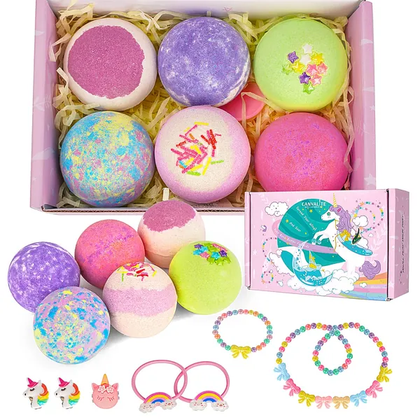 Canvalite Natural Bath Bombs for Kids with Surprise Toy Jewelry Inside 6PCS Handmade Bubble Bath Bomb Gift Set, Birthday Easter Christmas Girls Gifts with Unicorn Jewelry Bubble Spa Fizzy Bath Bombs