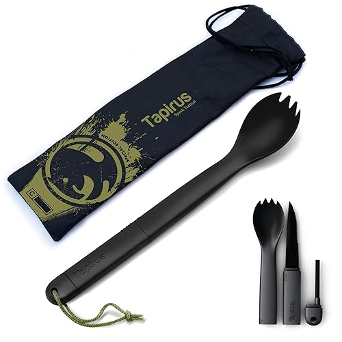 Tapirus Spork Tactical Special Edition Black | BPA Free Spoon Fork, Stainless Steel Knife and Fire Starter | 3 in 1 multipurpose utensil | Outdoor hiking, camping & backpacking gear | Fit for MRE - Black - 1