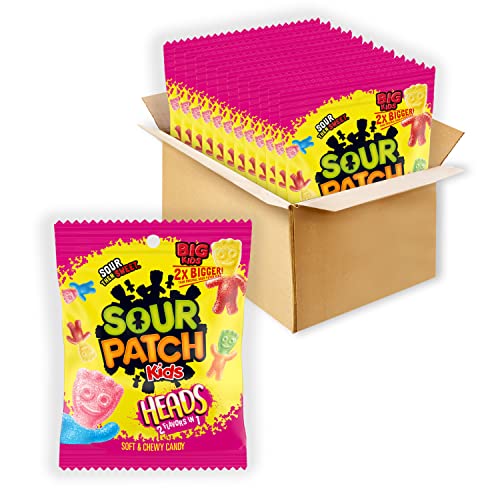 SOUR PATCH KIDS Heads 2 Flavors in 1 Soft & Chewy Candy, 12 - 5 oz Bags - Mixed-Fruit - 5 Ounce (Pack of 12)