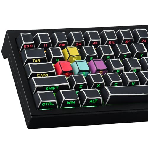 Tsungup Custom Keycaps-Side Print Keycap Set,PBT Shine Through Cool Retro Keycaps 75 Percent,128 Keys Dye Sub Cherry Profile Keyboard Key caps for Cherry MX Mechanical Keyboard-Sketch Black Keycaps