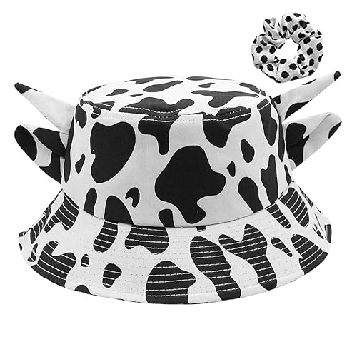 Unisex Cow Bucket Hat with Cute Horn Ears Cow Print Summer Fisherman's Hats Print Sun Cap for Women with Uv Protection - A Black