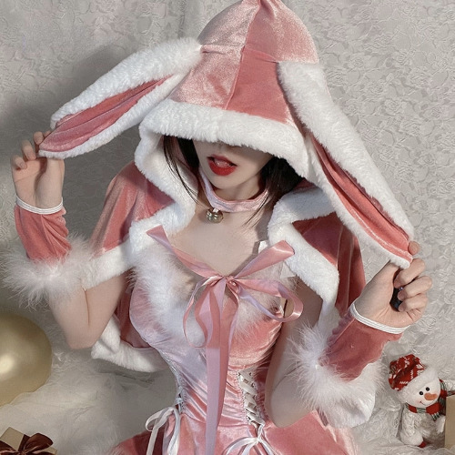 Hooded Pink Christmas Bunny Set - Outfit + Hooded Shawl