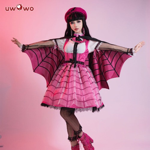 【Pre-sale】Uwowo Monster High Draculaura Vampire Spiderweb Cape Beret Gothic Dress Halloween Cosplay Costume | Dress: M