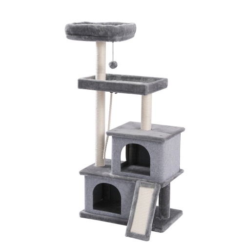 Cat Tree Entertainment Tower with Stairs - Beige / 23.6” x 13.7” x 50”