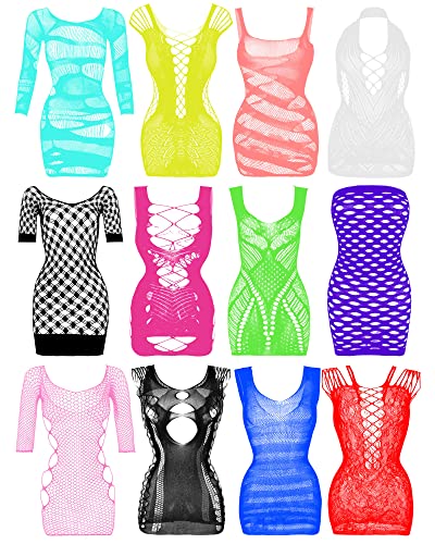Geyoga 12 Pieces Women's Fishnet Lingerie Mesh Babydoll Bodysuit Lace Smock Lingerie for Women - Bright Color - One Size