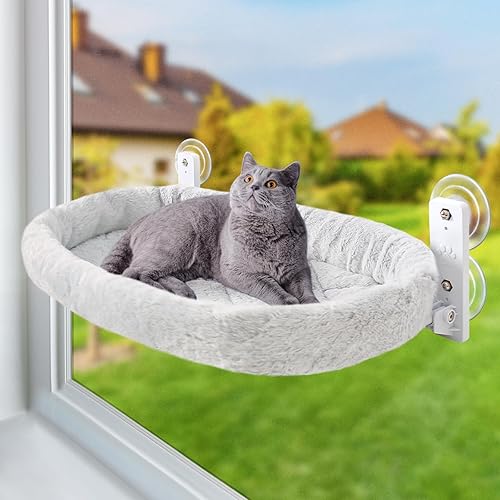 Sunhoo Cat Window Hammock Perch for Large Cats Bed Cordless Kitten Seat Inside with 4 Durable Suction Cups Washable Reversible Cover Easy Assembly 21 * 11.8 in Hold 40lbs Hamac Pour Chat (Grey, M) - Grey - M