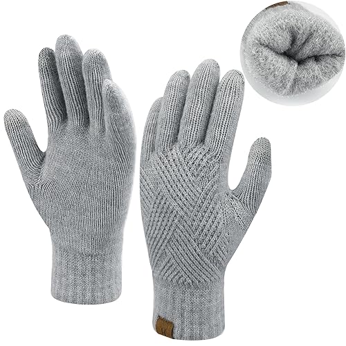 Womens Winter Gloves Cold Weathe, Warm Knit Touchscreen Gloves for Women with Dual-layer Thermal Fleece Lining - Light Grey - One Size