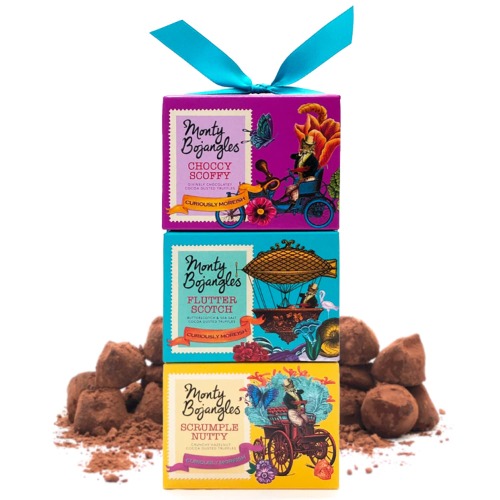 Monty Bojangles Cocoa Dusted Truffles Gift Tower | 3 Gift Boxes - Choccy Scoffy, Scrumple Nutty, Flutter Scotch | Cocoa Dusted Chocolate Truffles, 300g (3 x 100g Pack)
