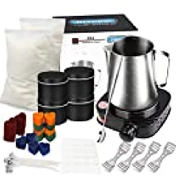 DINGPAI Complete Candle Making Supplies with Hot Plate for Candle Making, Wax Melting Kit Including Candle Pouring Pot, Soy Wax, Candle Wicks, Wicks Sticker, 3-Hole Candle Wicks Holder, Tin and Spoon