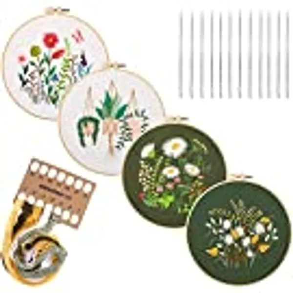 HaiMay 4 Sets Embroidery Starter Kit with Pattern and Instructions, Cross Stitch Kit Include 4 Embroidery Clothes with Floral Pattern, 4 Bamboo Embroidery Hoops, Color Threads and Tools