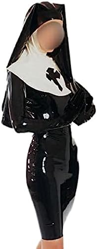 ANTIY Latex Nuns Uniform Rubber Dress Costumes With Hood Fetish Clubwear Sexy Halloween Costumes Cross Dress,Black - Black - Small