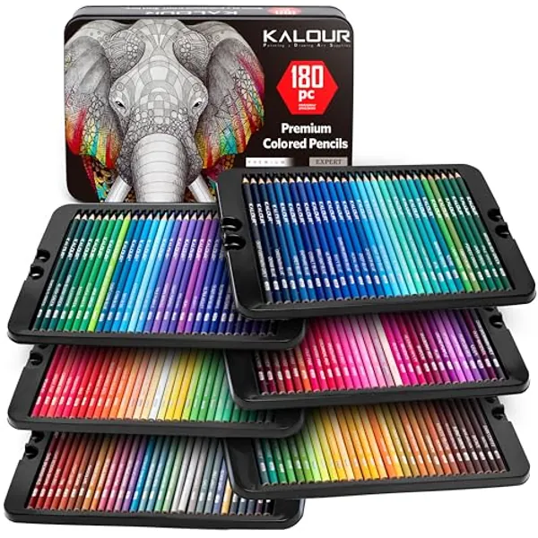 KALOUR 180 Colored Pencil Set for Adults Artists - Rich Pigment Soft Core -12 Metallic Pencil - Ideal for Coloring Drawing Sketching Shading Blending - Vibrant Color(Tin Case)