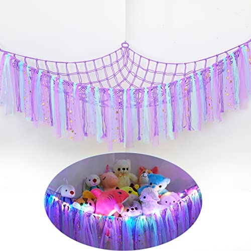 FIOBEE Stuffed Animals Net or Hammock with LED Light, Toy Hammock Hanging Stuffed Animals Storage Organizer Holder Room Décor for Nursery Kids Bedroom - Purple