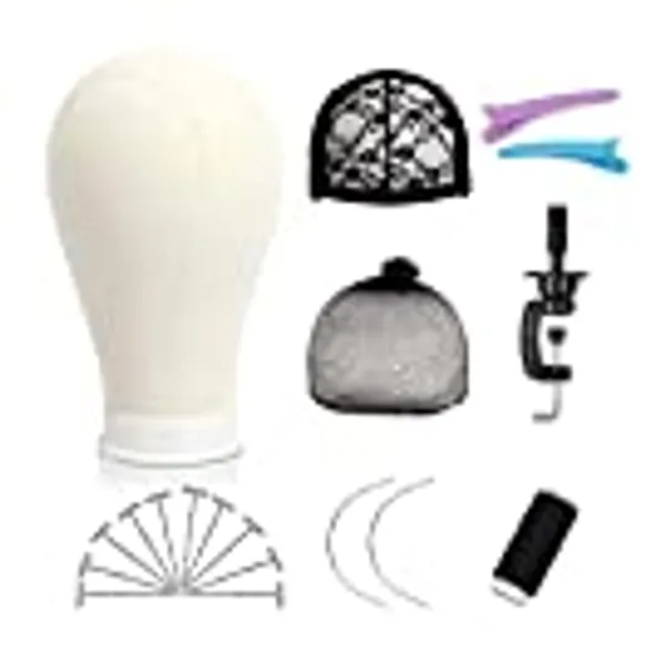 22 Inch Canvas Block Head Mannequin Wig Head With Stand for Styling Manikin Head Set Display Mannequin Head with Mount Holes(Creamy-White)