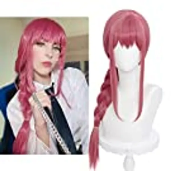 Aicos Anime Long Pink Red Cosplay Braids Wigs for Chainsaw Man + Free Cap (Makima)
