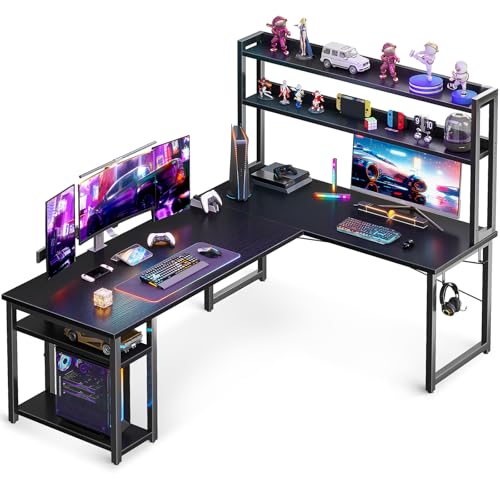 ODK L Shaped Gaming Desk with Hutch, Computer Desk with Storage Shelves, 66" L Shaped Desk for Home Office, Corner Desk with Headphone Hook, Black - Black - 66 Inch