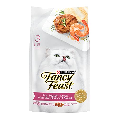 Purina Fancy Feast Dry Cat Food Filet Mignon Flavor with Seafood and Shrimp - 3 lb. Bag - Filet Mignon, Seafood & Shrimp - 48 Ounce (Pack of 1)