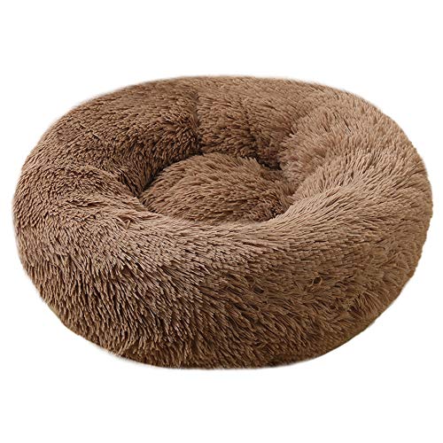 BODISEINT Faux Fur Dog Bed Cat Bed,Shag Round Anti-Anxiety Pet Calming Bed Doughnut Cuddler for Medium Large Puppy Dog Cat Kennel Cushion Self Warming Bed (28'' D x 8'' H, Coffee) - Large 28'' - Coffee