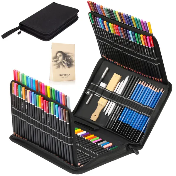 Kalour 144 Pack Drawing Sketching Coloring Set,Include 120 Professional Soft Core Colored Pencils,Sketch & Charcoal Pencils,Sketchbook,Art Drawing Supplies for Artists Adults Beginner - 