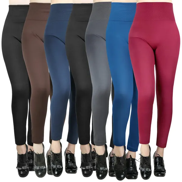 Moon Wood 7 Pack Women’s Fleece Lined Leggings High Waist Soft Stretchy Winter Warm Leggings - 