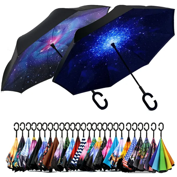 SIEPASA Inverted Reverse Upside Down Umbrella with C-Shaped Handle, Anti-UV Waterproof Windproof Rain Umbrella for Women and Men. - Galaxy & Starry（2 Pack）