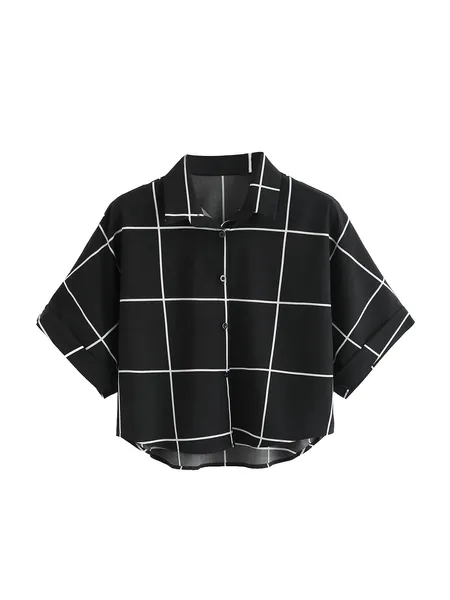 MakeMeChic Women's Summer Short Sleeve Plaid Button Down T Shirt Blouse Crop Top - Medium black