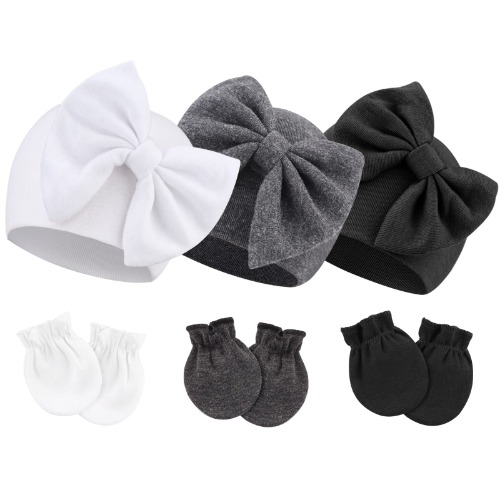DRESHOW Pasgeboren Baby Hoeden Wanten Set Ziekenhuis Hoed Beanie Baby Boog Hoeden Baby Katoenen Handschoenen Geen Kras Wanten voor 0-6 Maanden