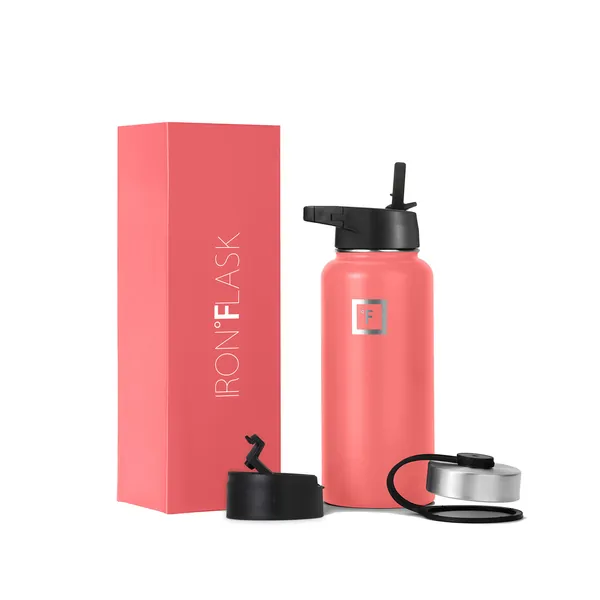Iron Flask Sports Water Bottle - 32 Oz, 3 Lids (Straw Lid), Leak Proof, Vacuum Insulated Stainless Steel, Double Walled, Thermo Mug, Metal Canteen - 32 Oz Peach