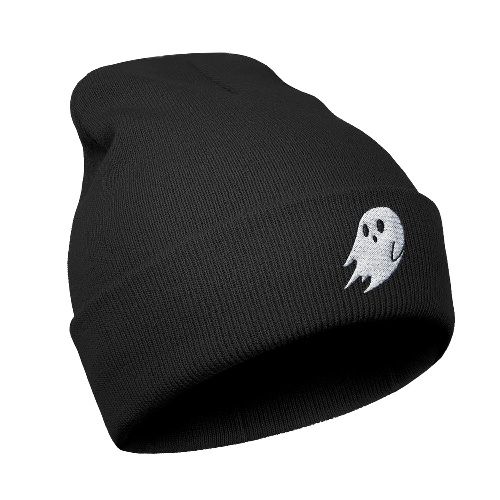 ikenacy Halloween Cool Ghost Knit Beanie Hats for Men Women, Perfect Cute Goth Boo Gifts, Embroidered Gothic Soft Warm Skull Cap, Slouchy Daily Unisex Spooky Beanie Cap for Winter Cold Weather Black