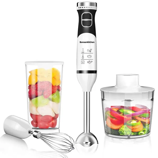 Bonsenkitchen Stabmixer Set, 3-in-1 Hochleistungs Elektrischer Pürierstab, 9 Geschwindigkeiten Einstellbar Multifunktionsmixer mit Schneebesen, Zerkleinerer und Messbecher (HB8901) - Weiß