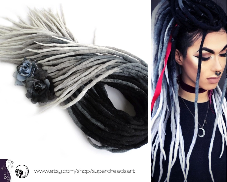 Black to White Wool Dreadlocks, Grey Dreads Extensions, Grey Ombre Dreads, Gothic Rock Metal Dreadlocks, Double Ended, SNOW MOUNTAINS