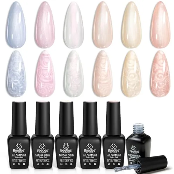 Beetles Pearl Gel Nail Polish, 6 Colors Pastel Pink White Orange Blue Colors Gel Nail Polish Shimmer Mermaid Nail Polish Shell Swirl Thread Effect Glitter Soak Off UV LED