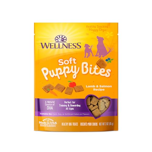 Wellness Soft Puppy Bites Healthy Grain-Free Treats for Training, Dog Treats with Real Meat and DHA, No Artificial Flavors (Lamb & Salmon, 3-Ounce Bag) - Lamb & Salmon - 3 Ounce (Pack of 1)