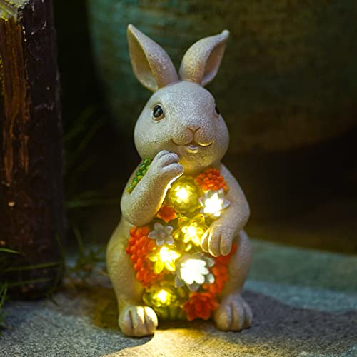 Nacome Solar Garden Outdoor Statues Bunny with Succulent and 7 LED Lights – Outdoor Lawn Decor Garden Rabbit Statue for Patio, Balcony, Yard, Lawn Ornament - Unique Housewarming Gifts - Light Grey Bunny