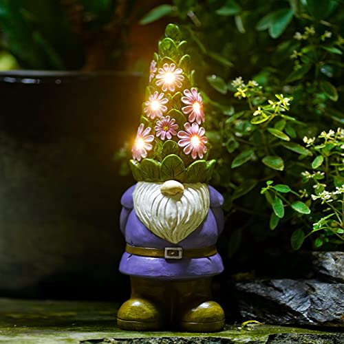Nacome Solar Garden Outdoor Statues Gnome with Succulent and 7 LED Lights - Lawn Decor Statue for Patio, Balcony, Yard Ornament - Unique Housewarming Gifts - Purple Gnome