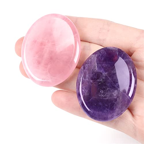 Thumb Worry Stone for Anxiety Healing Crystals Sets 2PCS Amethyst Rose Quartz Hand Carved Stones Gemstone Pocket Natural Stone Meditation Reiki Oval Shaped Palm Stone Therapy - 1-amethyst+rose Quartz