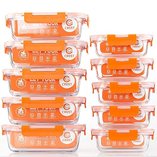 C CREST [10-Pack] Glass Food Storage Containers - Food Prep Containers with Lids - Microwave, Oven, Freezer and Dishwasher Safe - Orange